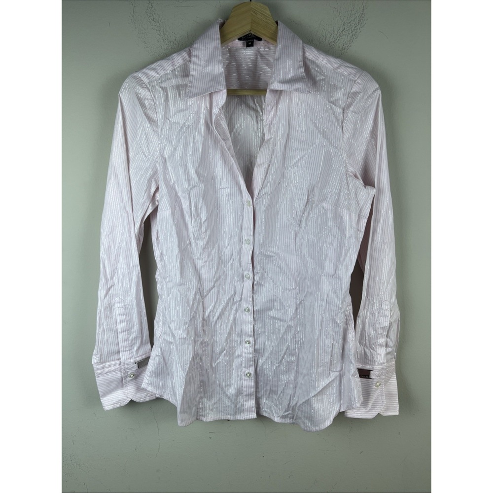 Express Essential Stretch Women's Medium Pink Silver Stripe Button Up Shirt